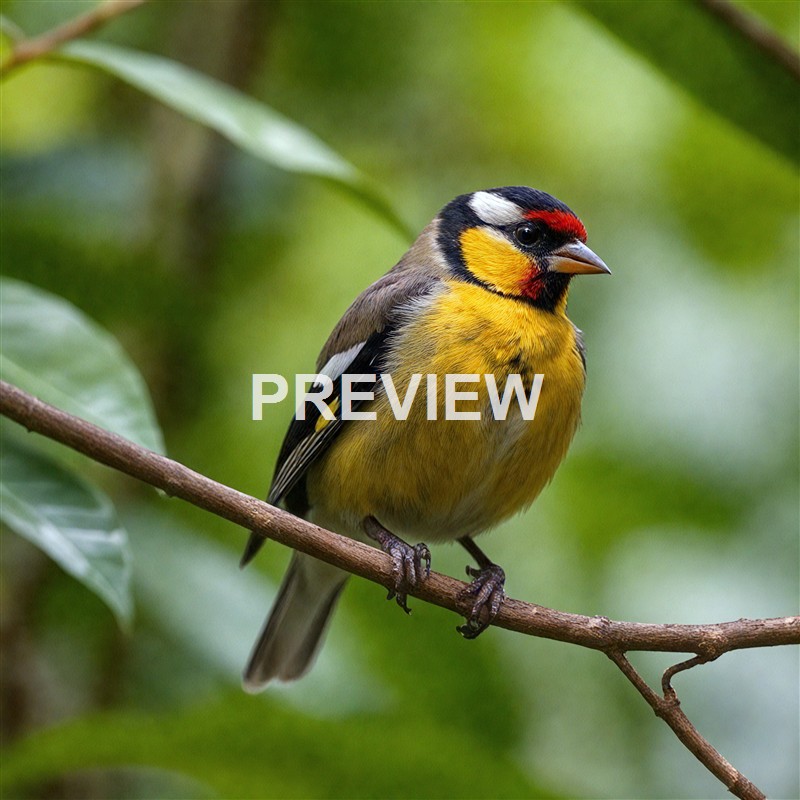 The image features a colorful bird perched on a thin branch, with a vibrant green, leafy background. The bird has a striking yellow body, black and white markings on its wings, and a distinctive red and black pattern on its head. The setting appears to be a natural, lush environment, likely a forest or jungle.